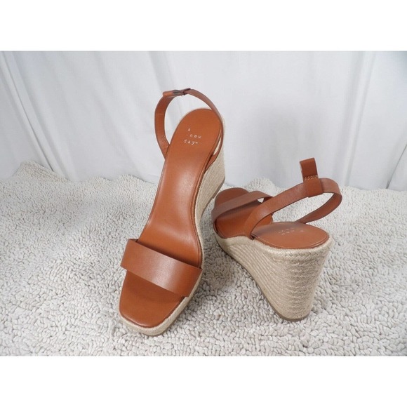 A New Day Womens Tina Cognac Leather Open Toe Wedge Espadrille Heels Size US 11 - Picture 1 of 10
